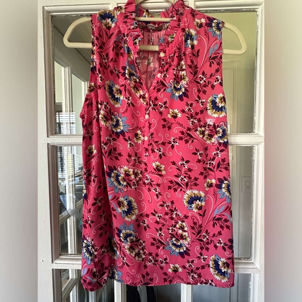 LOFT Pink Floral Ruffle-Neck Sleeveless Blouse